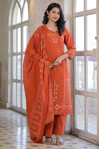 Rust orange cotton panel printed kurta set with mirror handwork and dupatta