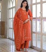 Rust orange cotton panel printed kurta set with mirror handwork and dupatta
