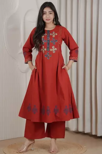 Brick red dhabu cotton a-line kurta set with applique handwork