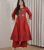 Brick red dhabu cotton a-line kurta set with applique handwork
