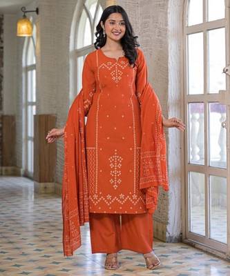 Rust orange cotton panel printed kurta set with mirror handwork and dupatta 2