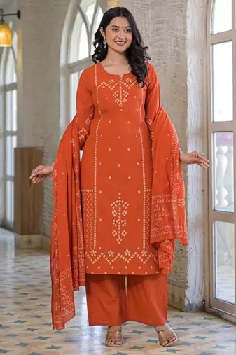 Rust orange cotton panel printed kurta set with mirror handwork and dupatta