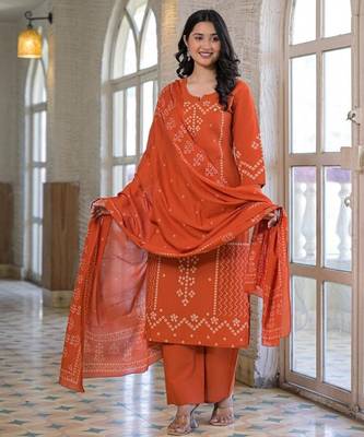 Rust orange cotton panel printed kurta set with mirror handwork and dupatta 3