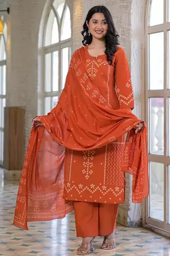Rust orange cotton panel printed kurta set with mirror handwork and dupatta