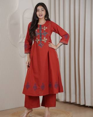 Brick red dhabu cotton a-line kurta set with applique handwork 3