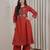 Brick red dhabu cotton a-line kurta set with applique handwork
