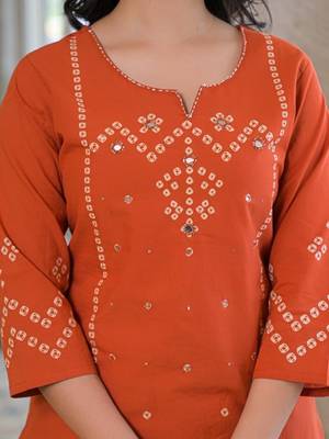 Rust orange cotton panel printed kurta set with mirror handwork and dupatta 4