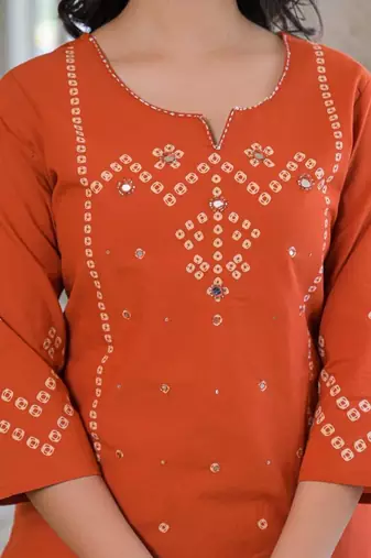 Rust orange cotton panel printed kurta set with mirror handwork and dupatta