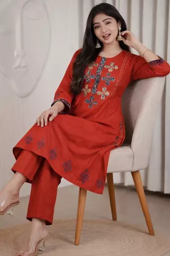 Brick red dhabu cotton a-line kurta set with applique handwork