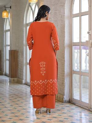 Rust orange cotton panel printed kurta set with mirror handwork and dupatta 5
