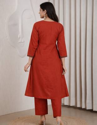 Brick red dhabu cotton a-line kurta set with applique handwork 5