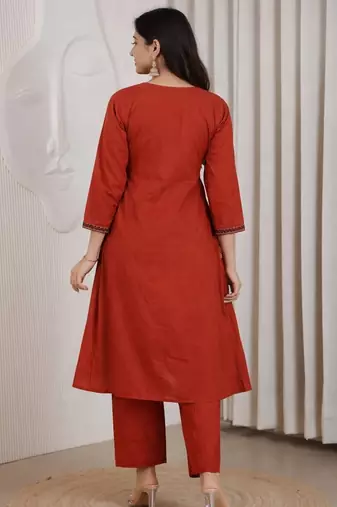 Brick red dhabu cotton a-line kurta set with applique handwork
