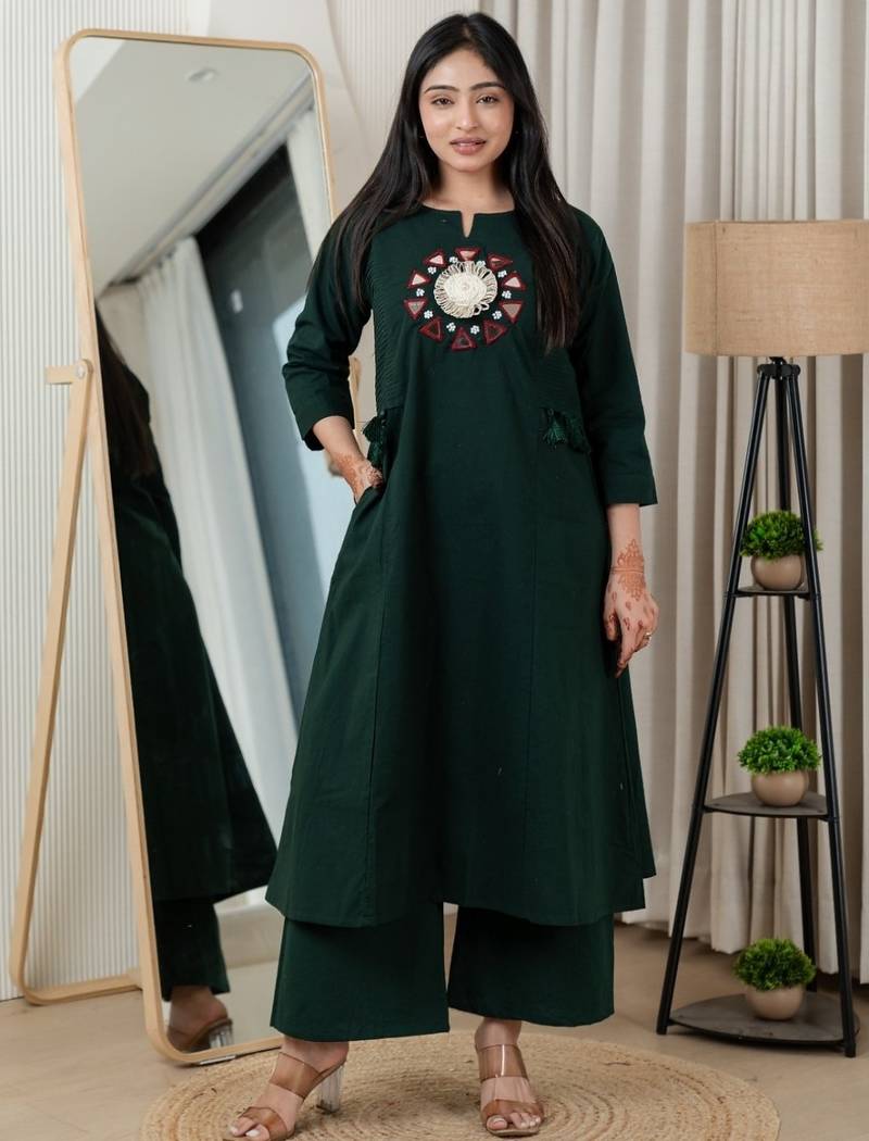 Bottle green dabu cotton a-line kurta set with handcrafted mirror work embroidery