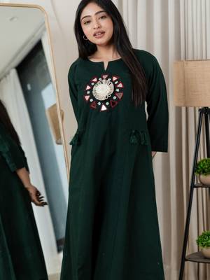 Bottle green dabu cotton a-line kurta set with handcrafted mirror work embroidery 2