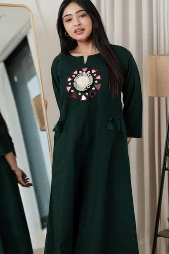 Bottle green dabu cotton a-line kurta set with handcrafted mirror work embroidery