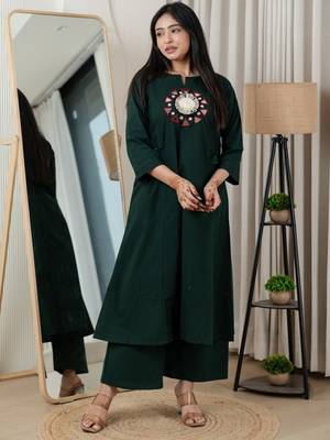Bottle green dabu cotton a-line kurta set with handcrafted mirror work embroidery 3