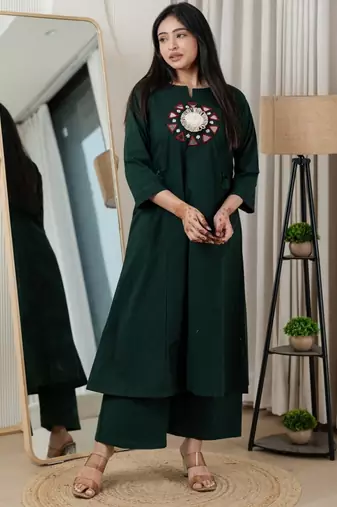 Bottle green dabu cotton a-line kurta set with handcrafted mirror work embroidery
