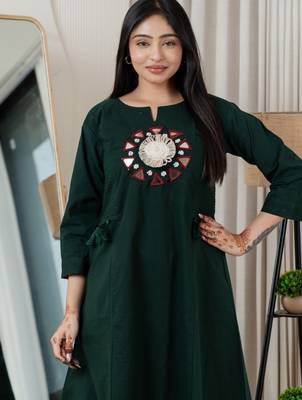 Bottle green dabu cotton a-line kurta set with handcrafted mirror work embroidery 4