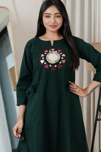 Bottle green dabu cotton a-line kurta set with handcrafted mirror work embroidery