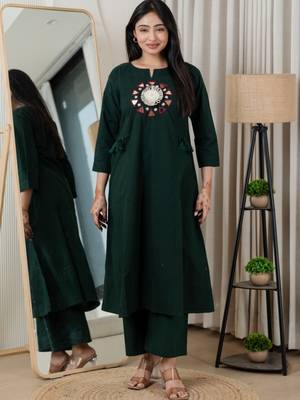 Bottle green dabu cotton a-line kurta set with handcrafted mirror work embroidery 5