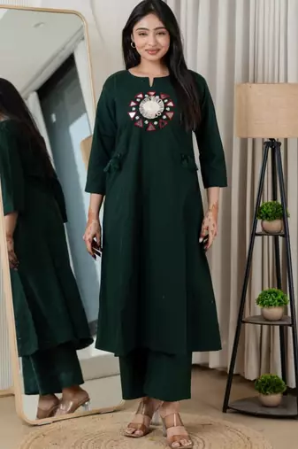 Bottle green dabu cotton a-line kurta set with handcrafted mirror work embroidery