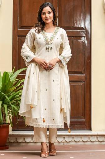 Off white cotton kurta set with green embroidery and dupatta – ethnic wear