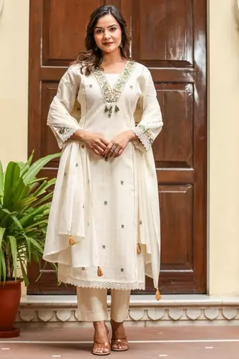 Off white cotton kurta set with green embroidery and dupatta – ethnic wear