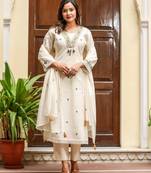 Off white cotton kurta set with green embroidery and dupatta – ethnic wear