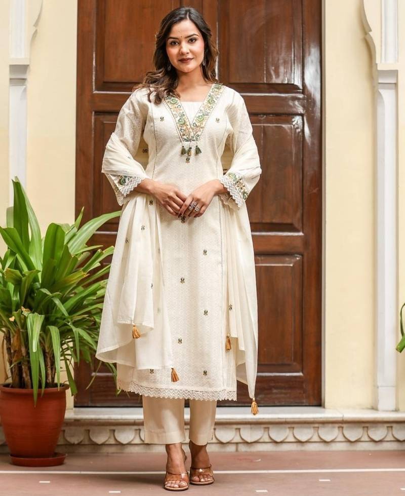 Off white cotton kurta set with green embroidery and dupatta – ethnic wear