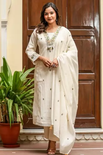 Off white cotton kurta set with green embroidery and dupatta – ethnic wear