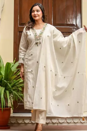 Off white cotton kurta set with green embroidery and dupatta – ethnic wear