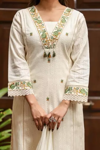 Off white cotton kurta set with green embroidery and dupatta – ethnic wear