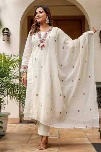 Off white cotton kurta set with red embroidery and dupatta – ethnic wear