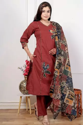 Maroon cotton kurta set with patch handwork and printed dupatta – ethnic wear