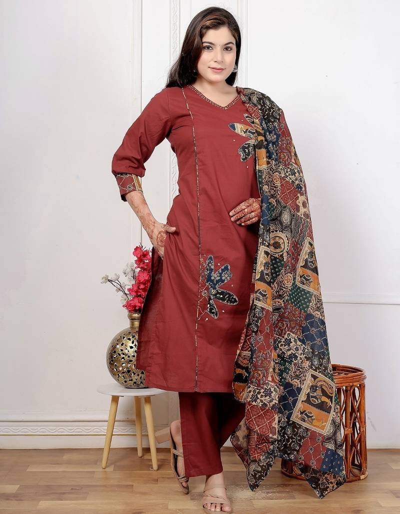Maroon cotton kurta set with patch handwork and printed dupatta – ethnic wear