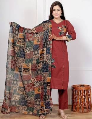 Maroon cotton kurta set with patch handwork and printed dupatta     ethnic wear 2