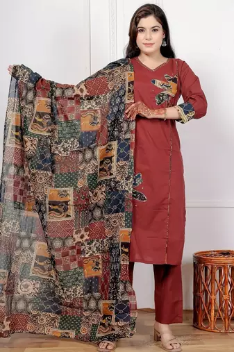 Maroon cotton kurta set with patch handwork and printed dupatta – ethnic wear