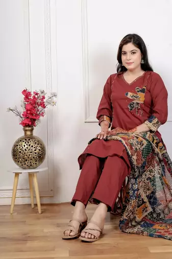 Maroon cotton kurta set with patch handwork and printed dupatta – ethnic wear