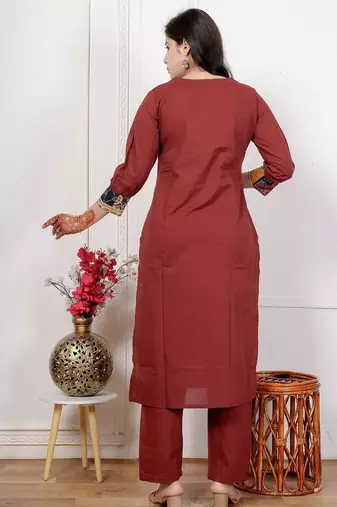 Maroon cotton kurta set with patch handwork and printed dupatta – ethnic wear