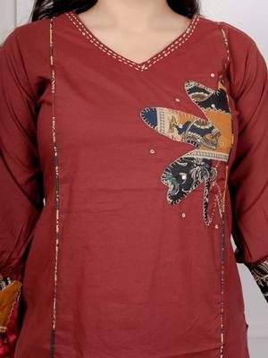 Maroon cotton kurta set with patch handwork and printed dupatta     ethnic wear 5