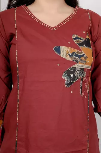Maroon cotton kurta set with patch handwork and printed dupatta – ethnic wear