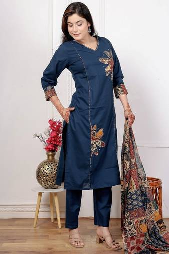 Navy blue cotton kurta set with patch handwork and printed dupatta – ethnic wear