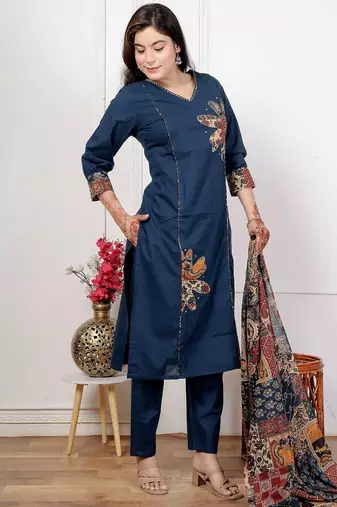 Navy blue cotton kurta set with patch handwork and printed dupatta – ethnic wear