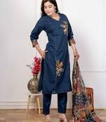 Navy blue cotton kurta set with patch handwork and printed dupatta – ethnic wear