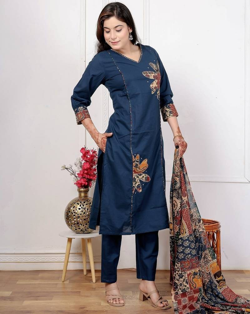 Navy blue cotton kurta set with patch handwork and printed dupatta – ethnic wear