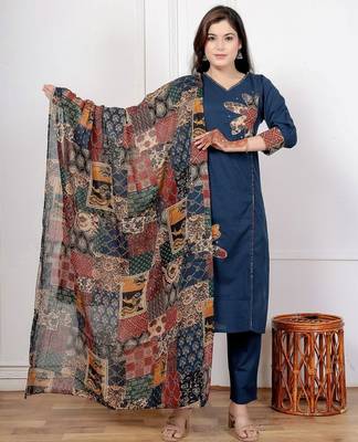 Navy blue cotton kurta set with patch handwork and printed dupatta     ethnic wear 2