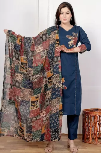 Navy blue cotton kurta set with patch handwork and printed dupatta – ethnic wear