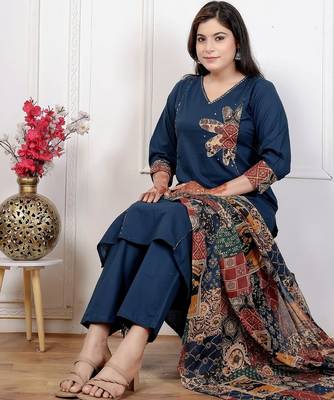 Navy blue cotton kurta set with patch handwork and printed dupatta     ethnic wear 3