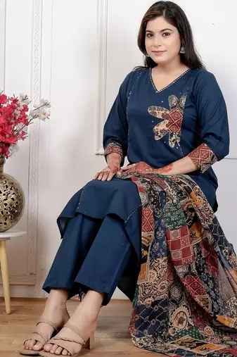 Navy blue cotton kurta set with patch handwork and printed dupatta – ethnic wear