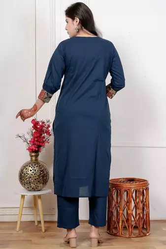 Navy blue cotton kurta set with patch handwork and printed dupatta – ethnic wear